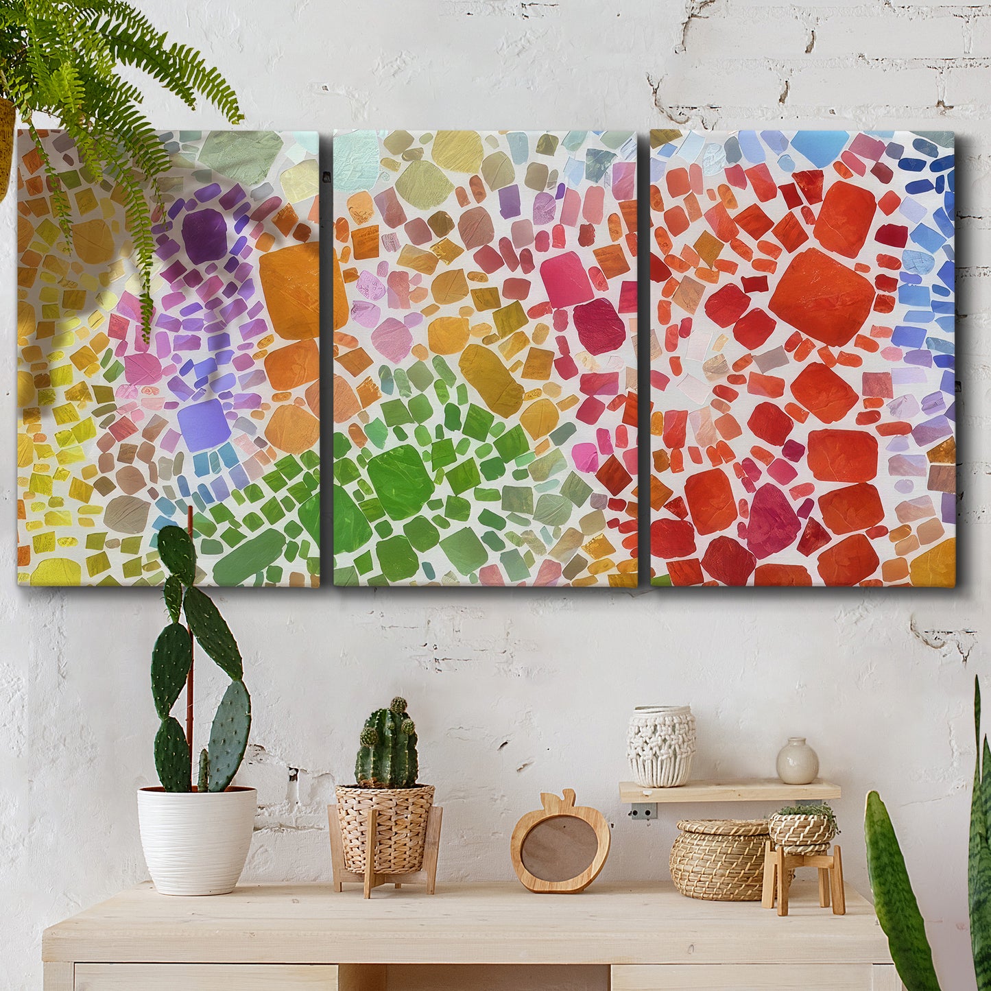 Three-panel canvas wall art featuring peaceful tropical inspired landscape, displayed in a boho-chic entryway above a console table.