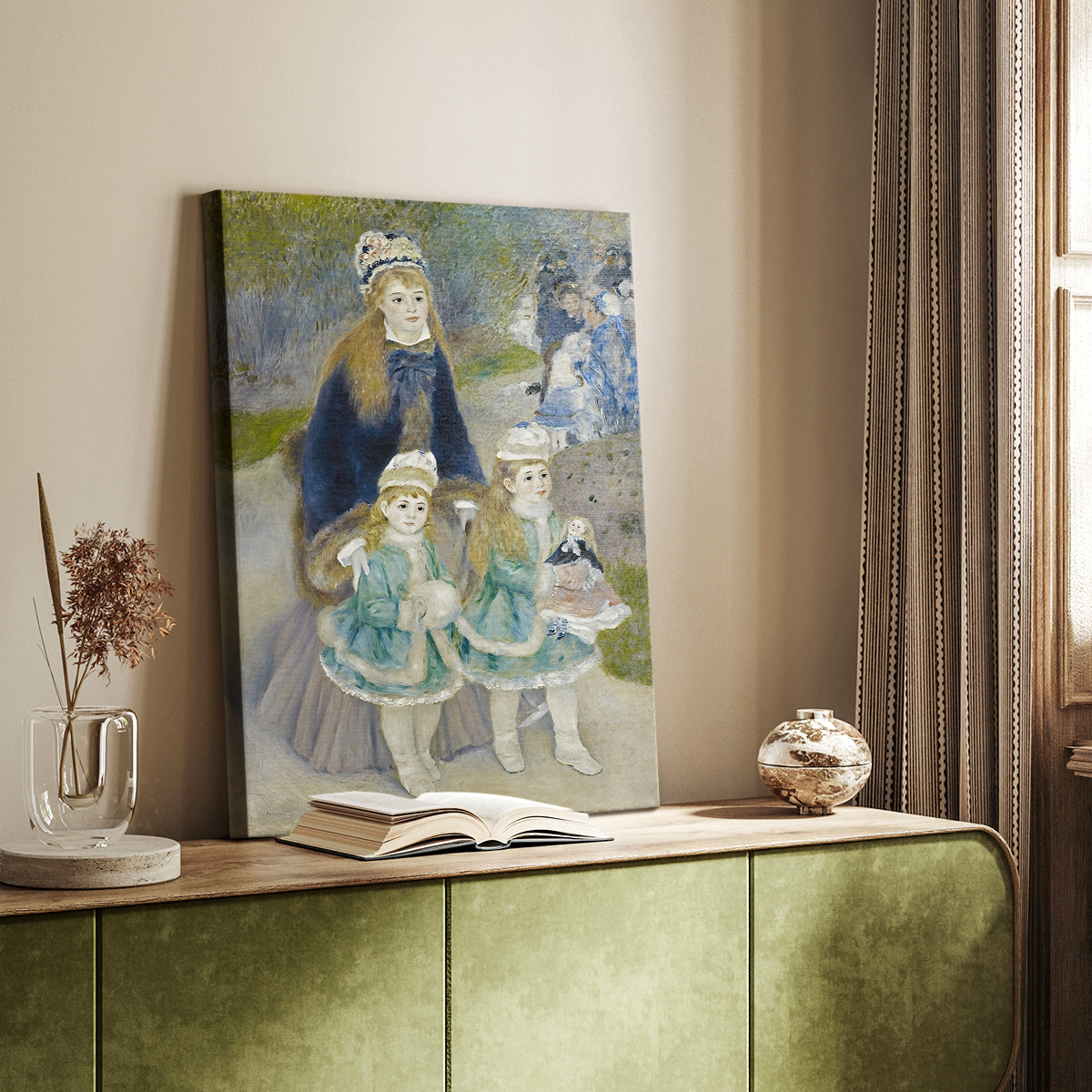 Canvas art print of a family group walking together in soft natural light styled in a home decor setting.