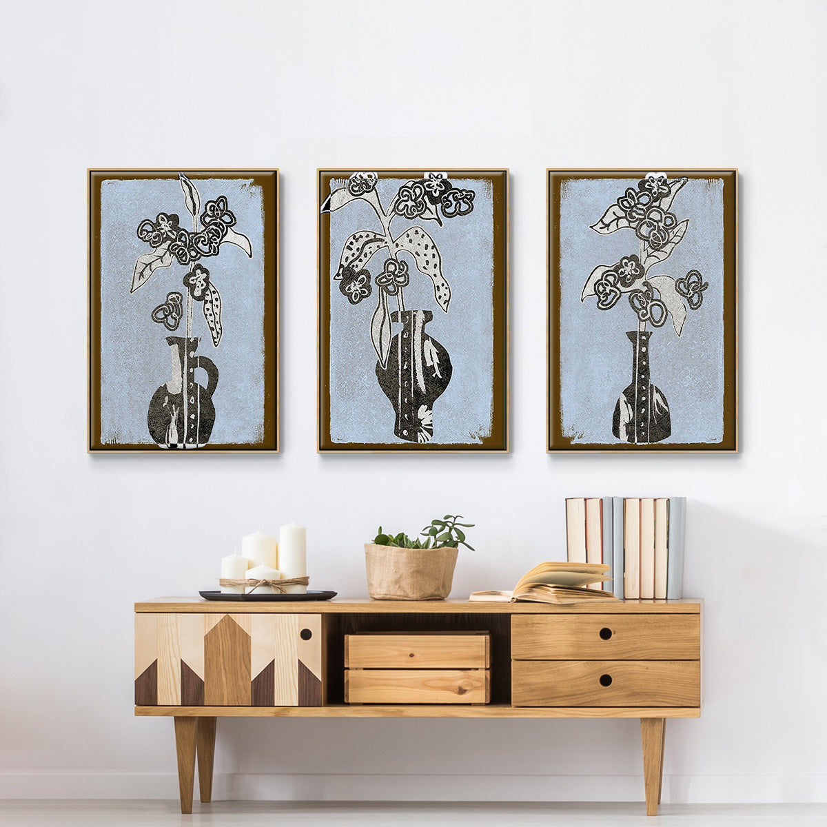 Graphic Flowers in Vase I - Framed Premium Gallery Wrapped Canvas L Frame 3 Piece Set - Ready to Hang