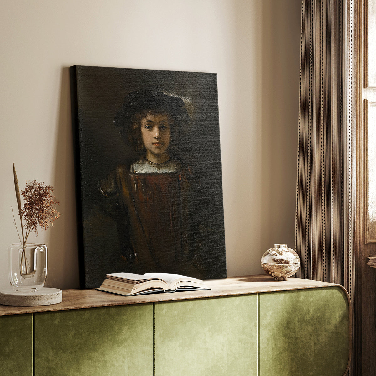Canvas art print of a gentle figure with calm expression and subtle shading styled in a home decor setting.