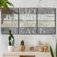 Three-panel canvas wall art featuring beach themed typography design, displayed in a boho-chic entryway above a console table.