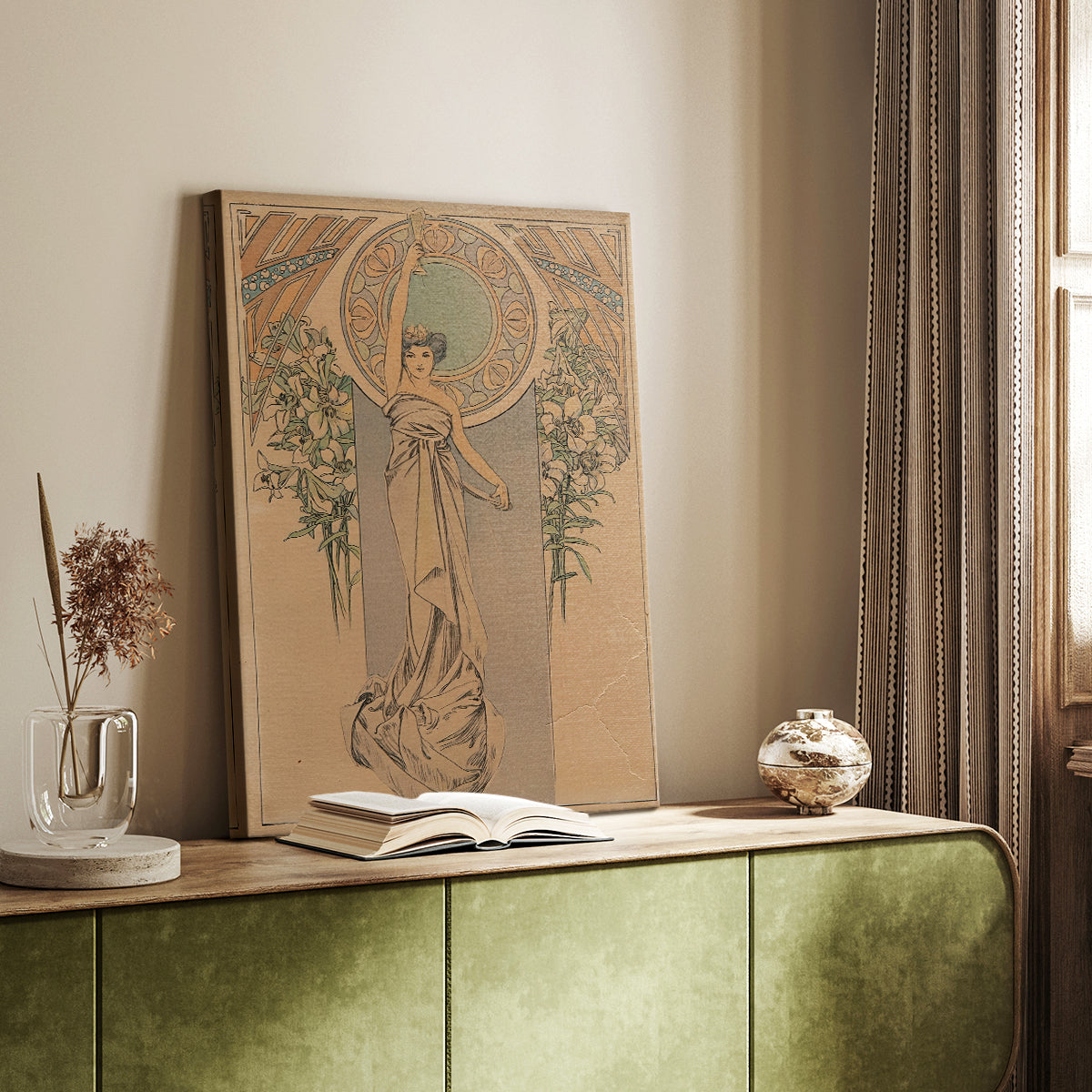 Canvas art print of a vintage menu design with ornate patterns and elegant composition styled in a home decor setting.