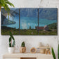 Three-panel canvas wall art featuring symmetrical water reflections with trees, displayed in a boho-chic entryway above a console table.