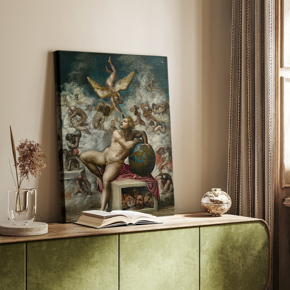Canvas art print of a symbolic composition with multiple figures and strong structure styled in a home decor setting.