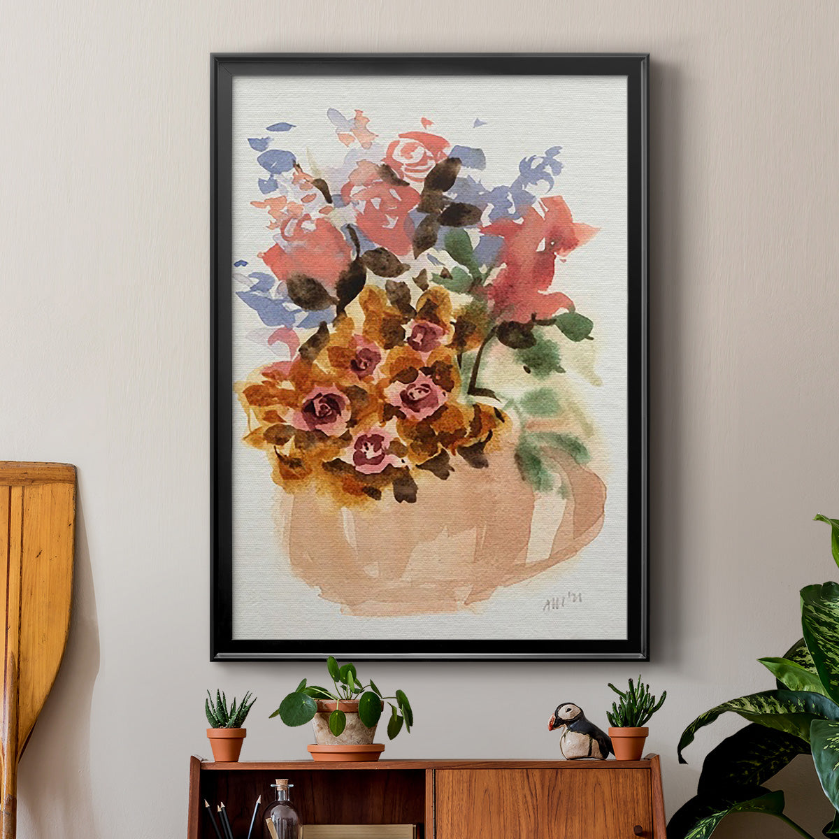 Mauve Bouquet in Teapot II - Modern Framed Canvas Print