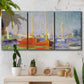 Three-panel canvas wall art featuring red boats along riverbank, displayed in a boho-chic entryway above a console table.