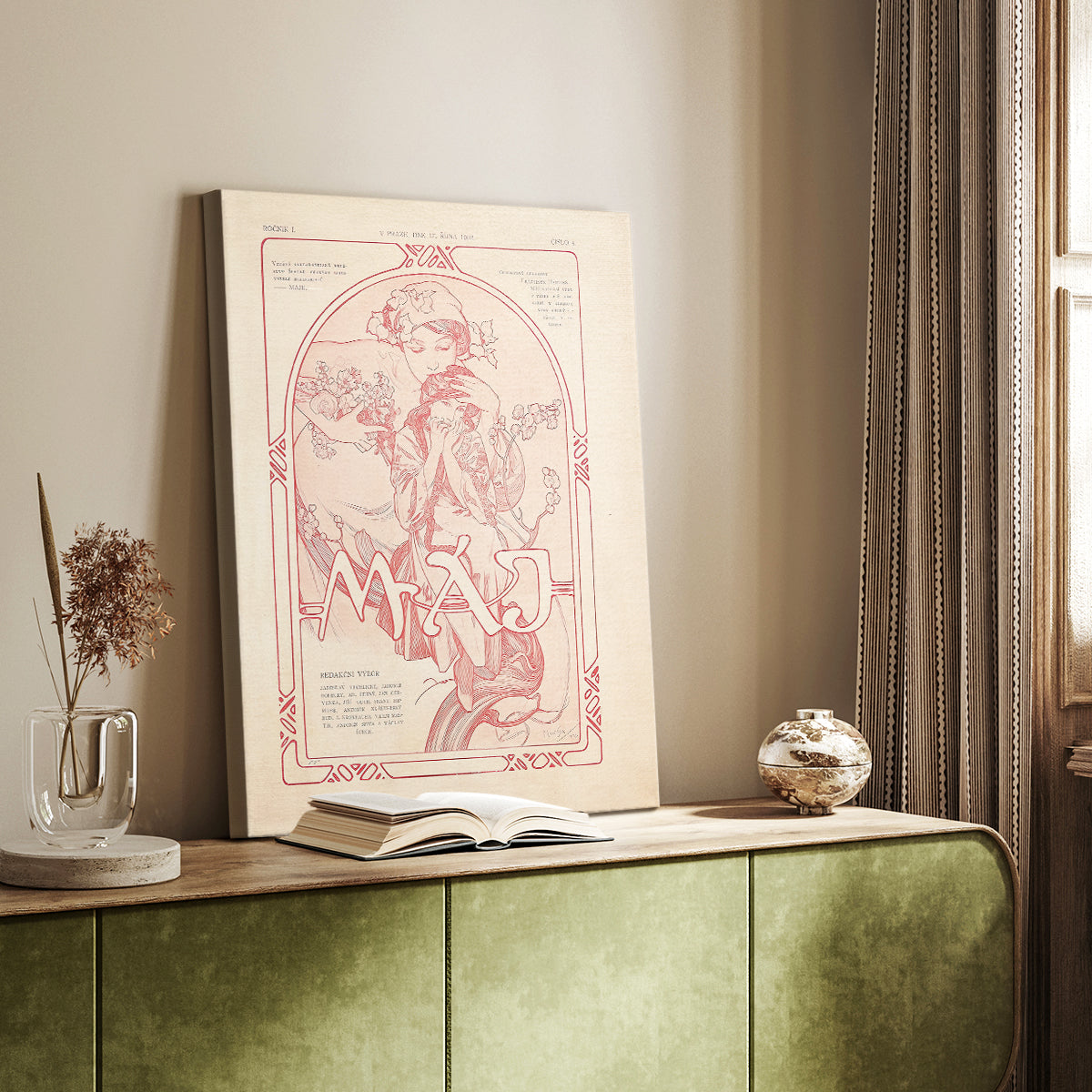 Canvas art print of a stylized female figure surrounded by blossoms and gentle tones styled in a home decor setting.