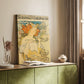Canvas art print of a vintage advertisement featuring a stylized figure and decorative text styled in a home decor setting.