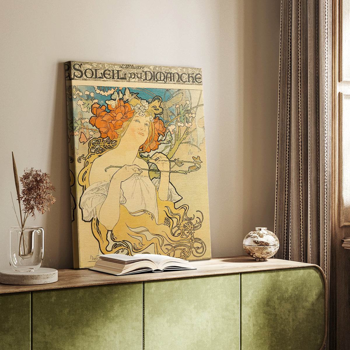 Canvas art print of a vintage advertisement featuring a stylized figure and decorative text styled in a home decor setting.