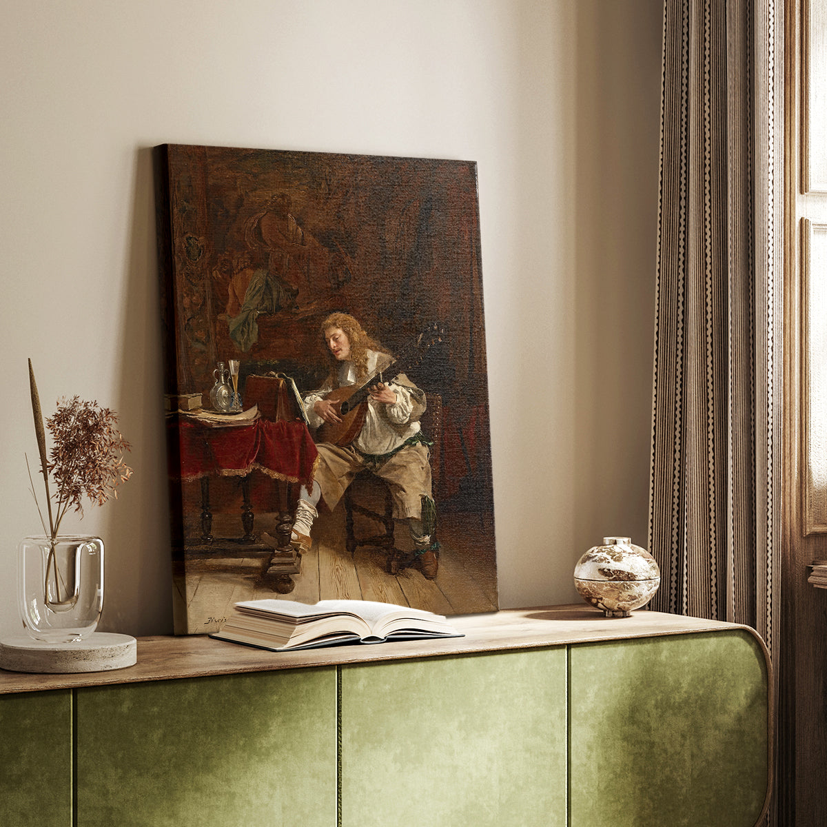 Canvas art print of a figure performing music with detailed clothing and setting styled in a home decor setting.