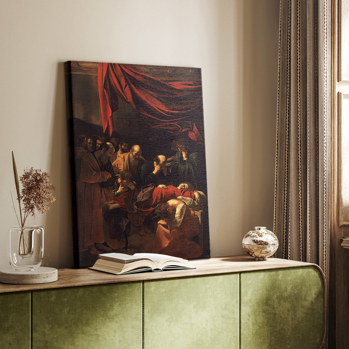 Canvas art print of a dramatic interior with figures gathered around a reclining form styled in a home decor setting.