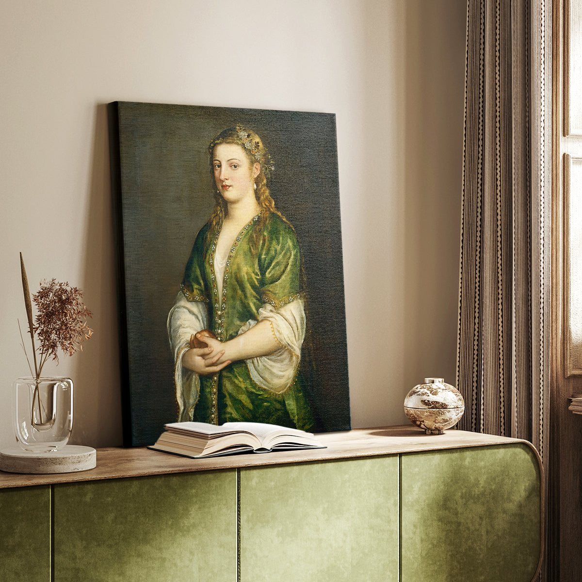 Canvas art print of a refined figure with symbolic object and gentle shading styled in a home decor setting.