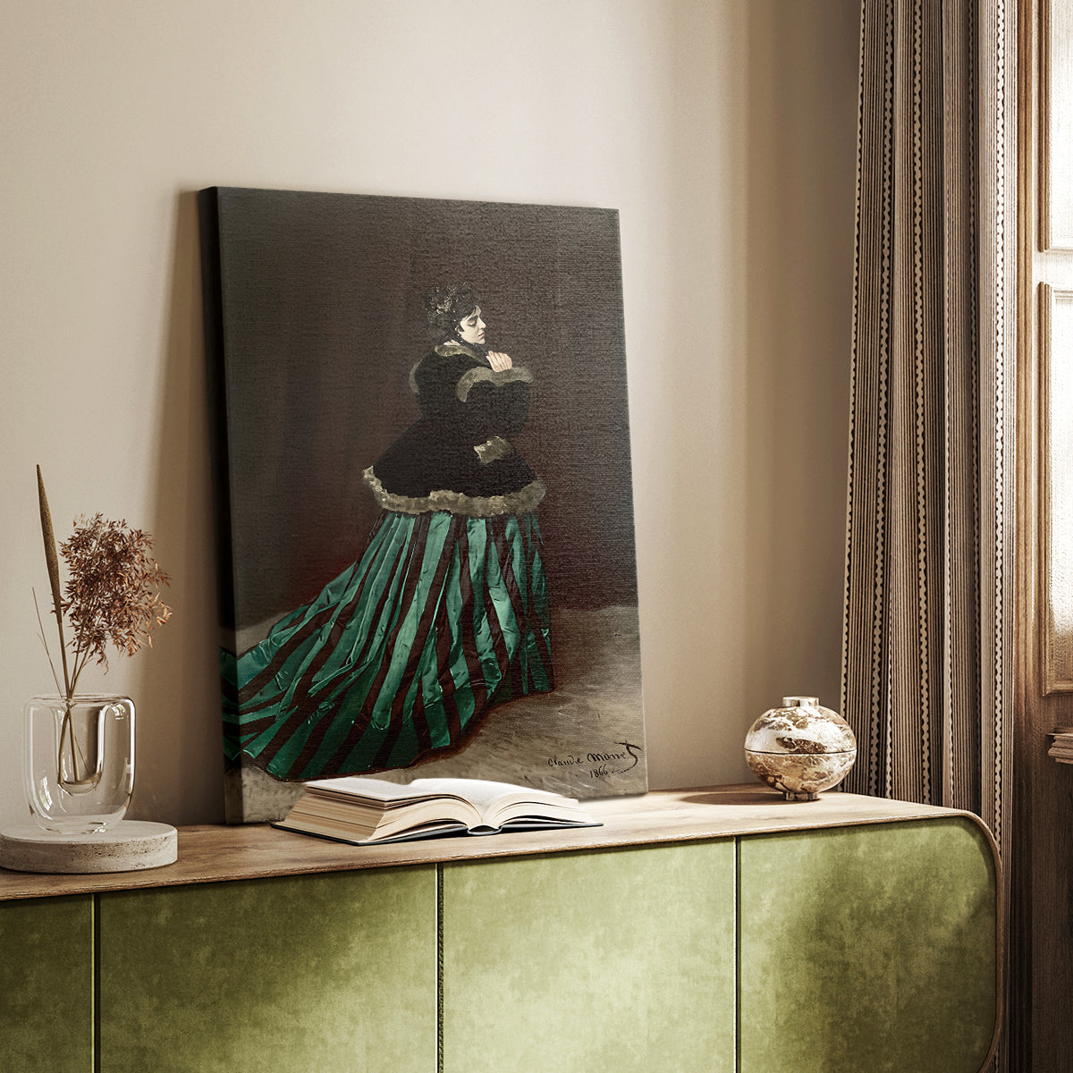 Canvas art print of a figure in an elegant gown with soft light and movement styled in a home decor setting.