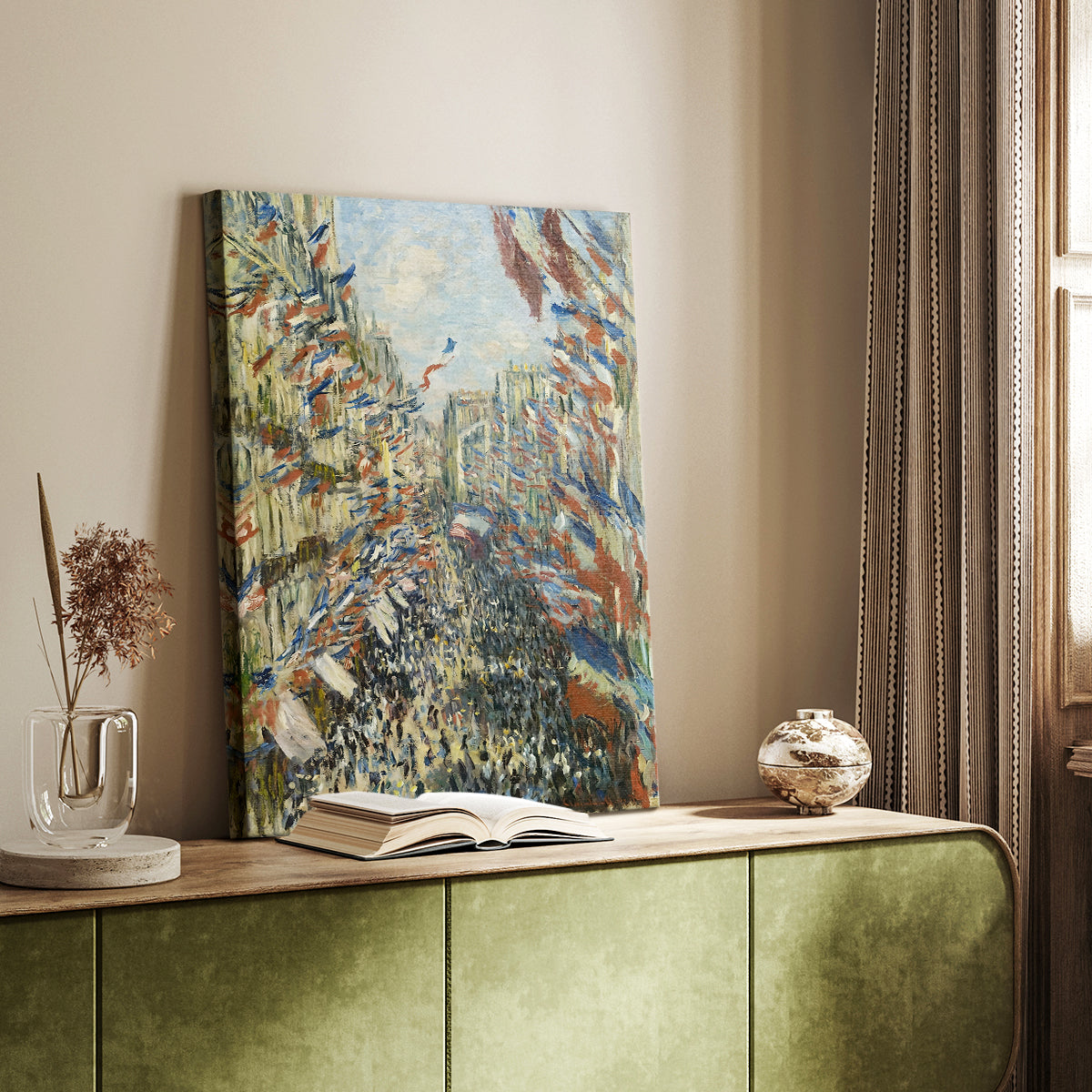 Canvas art print of a festive city street filled with movement and color styled in a home decor setting.