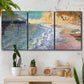 Three-panel canvas wall art featuring figures along rocky beach, displayed in a boho-chic entryway above a console table.