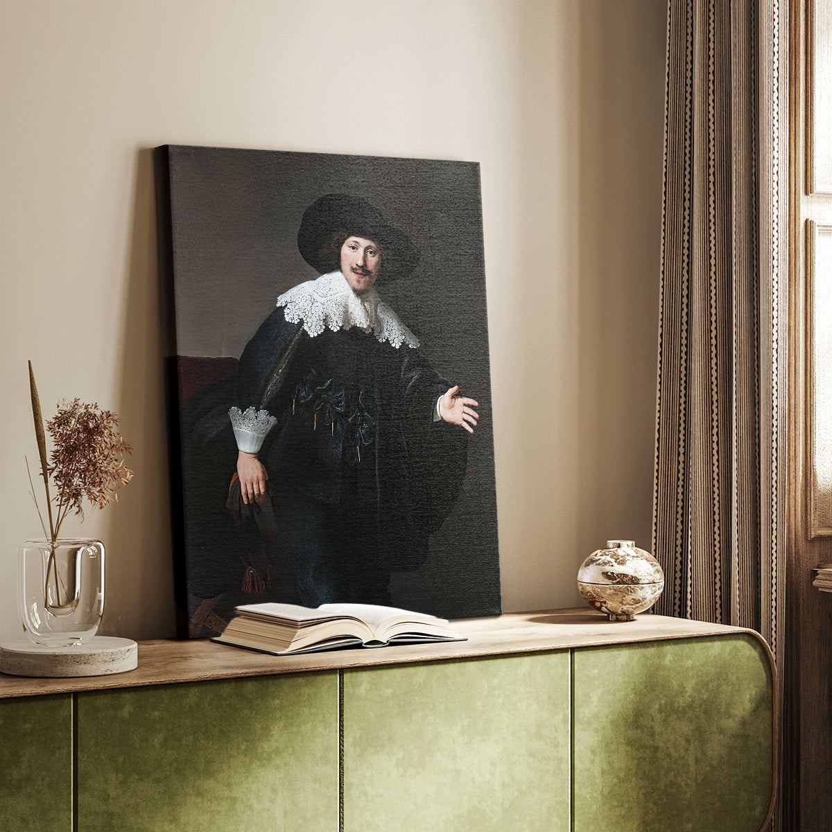 Canvas art print of a dynamic figure with subtle motion and warm tones styled in a home decor setting.