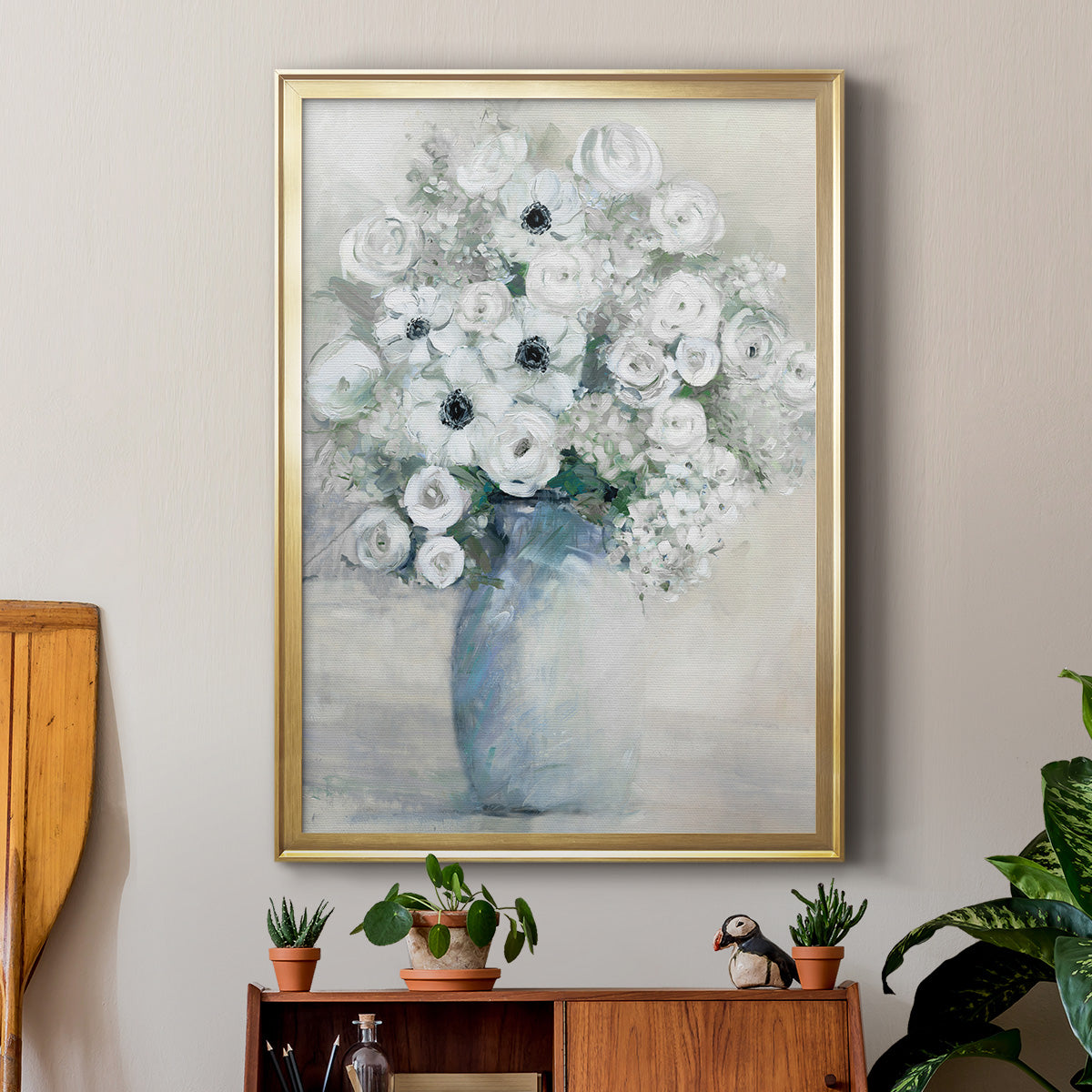 White Anemone Bouquet - Modern Framed Canvas Print