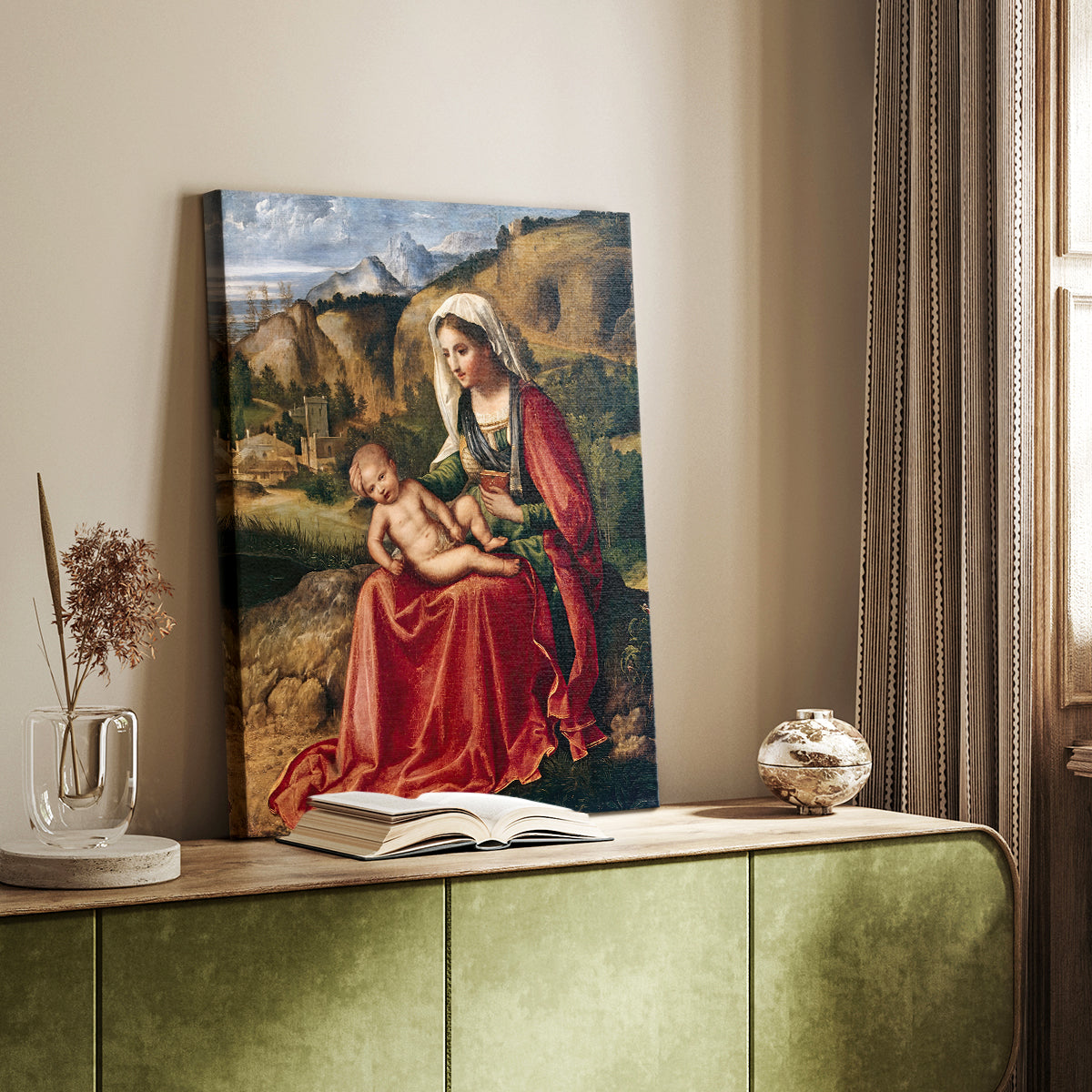 Canvas art print of a serene composition with figures and soft background scenery styled in a home decor setting.