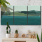 Three-panel canvas wall art featuring calm lake water under open sky, displayed in a boho-chic entryway above a console table.
