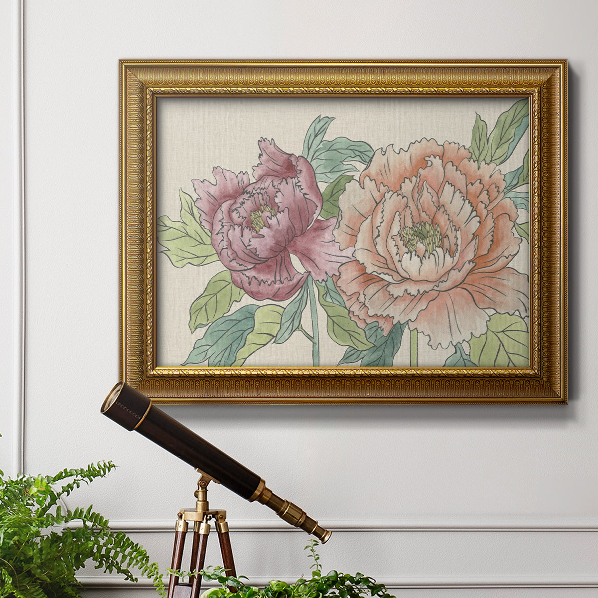 Modern peony floral drawing in an ornate traditional gold frame displayed in a light-toned interior setting.