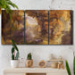 Three-panel canvas wall art featuring abstract architectural landscape, displayed in a boho-chic entryway above a console table.