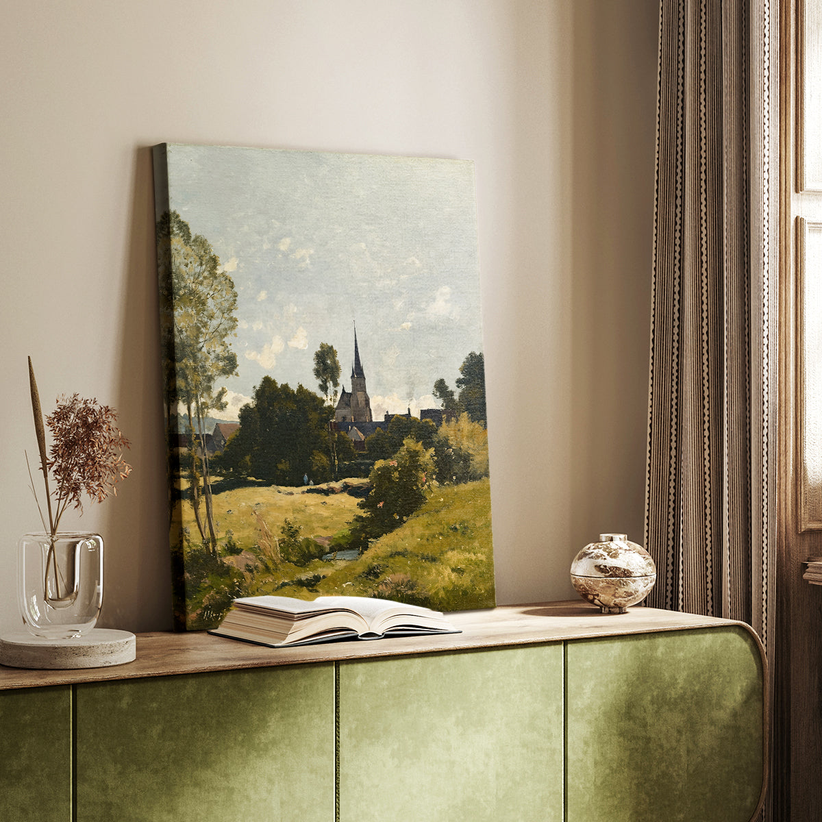 Canvas art print of a pastoral scene with a small church and natural setting styled in a home decor setting.