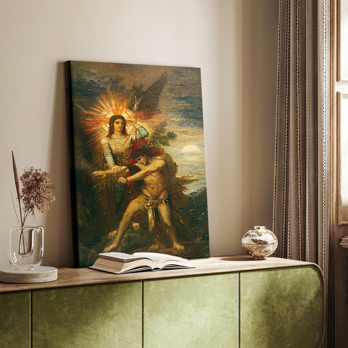 Canvas art print of a biblical moment with movement and strong contrast styled in a home decor setting.