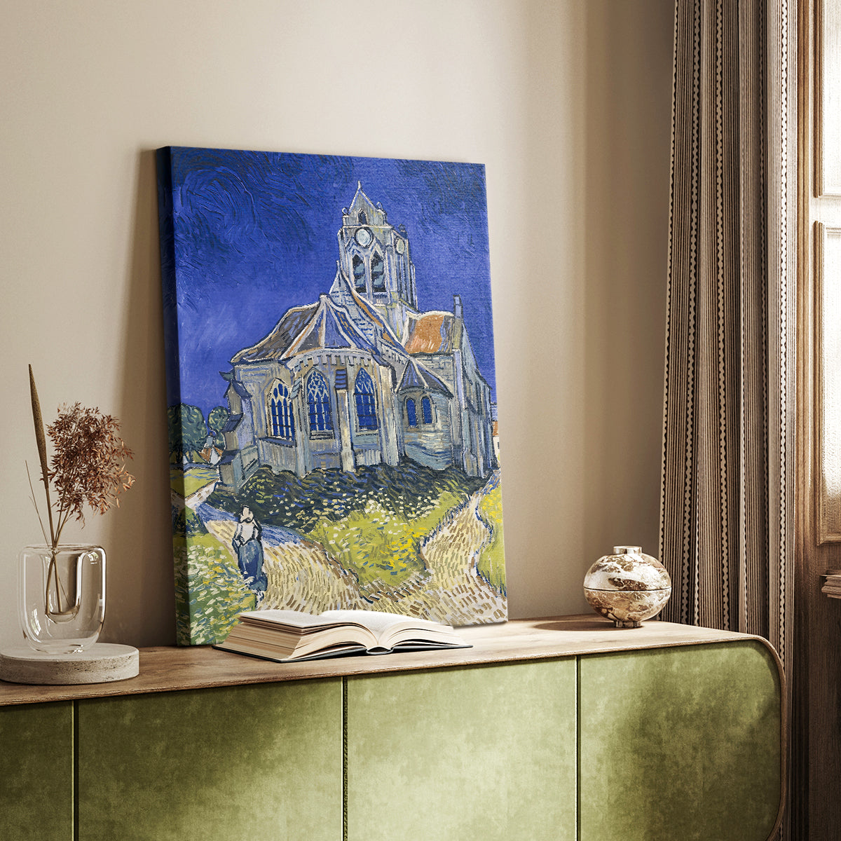 Canvas art print of a stylized building with dramatic sky and bold tones styled in a home decor setting.
