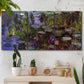 Three-panel canvas wall art featuring water lilies on calm pond, displayed in a boho-chic entryway above a console table.