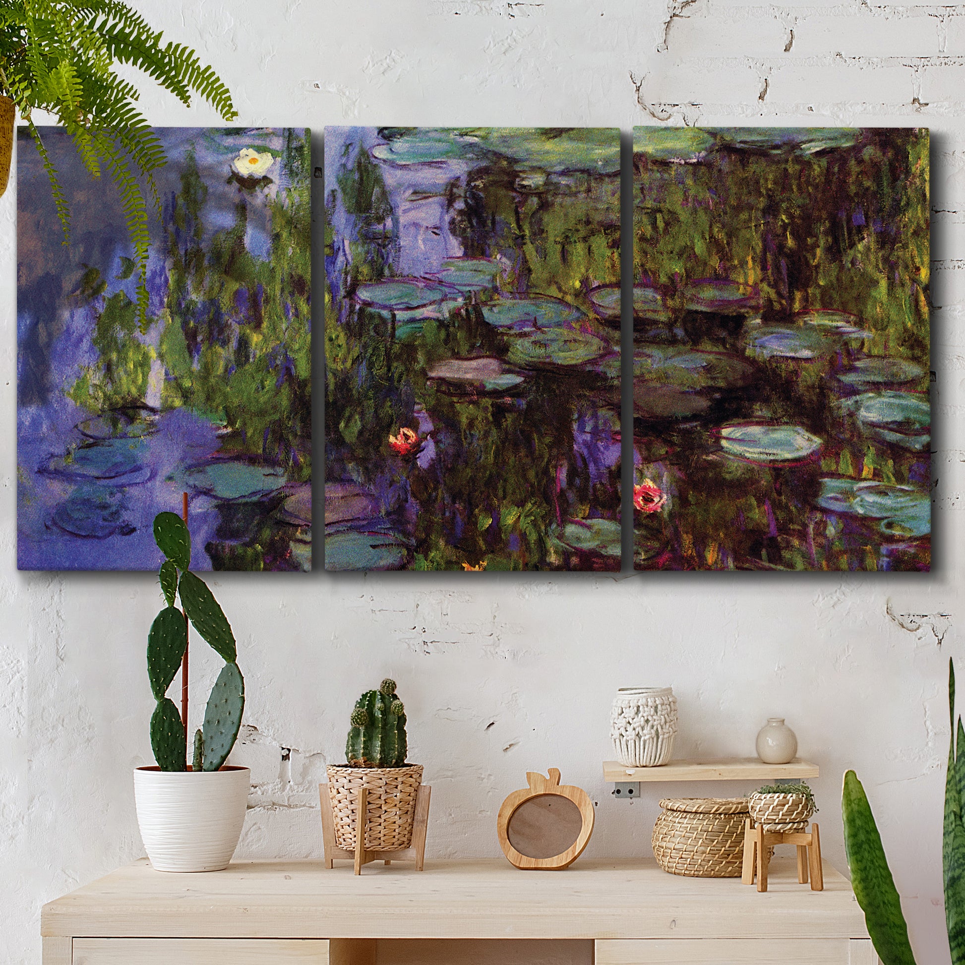 Three-panel canvas wall art featuring water lilies on calm pond, displayed in a boho-chic entryway above a console table.