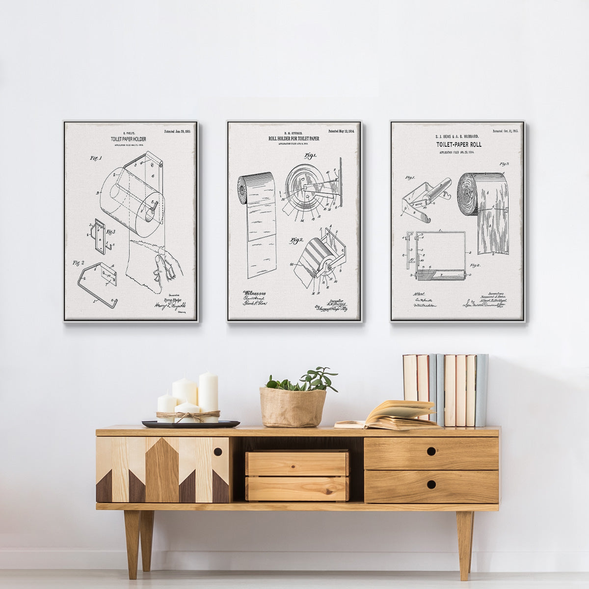 Toilet Paper Patent I - Framed Premium Gallery Wrapped Canvas L Frame 3 Piece Set - Ready to Hang