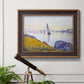 Impressionist coastal harbor at dusk by Paul Signac in an ornate bronzed mahogany wood frame displayed in a light-toned interior setting.