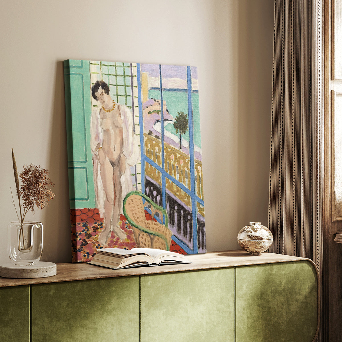 Canvas art print of a stylized figure with interior setting and bold color styled in a home decor setting.