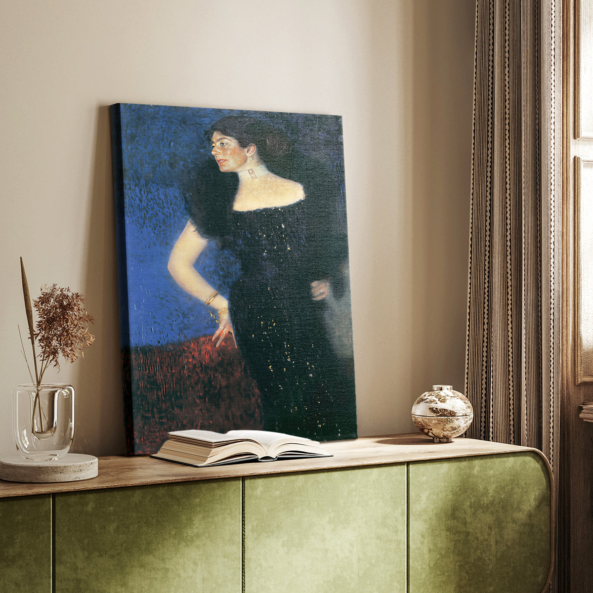 Canvas art print of a refined female figure with composed posture and muted tones styled in a home decor setting.