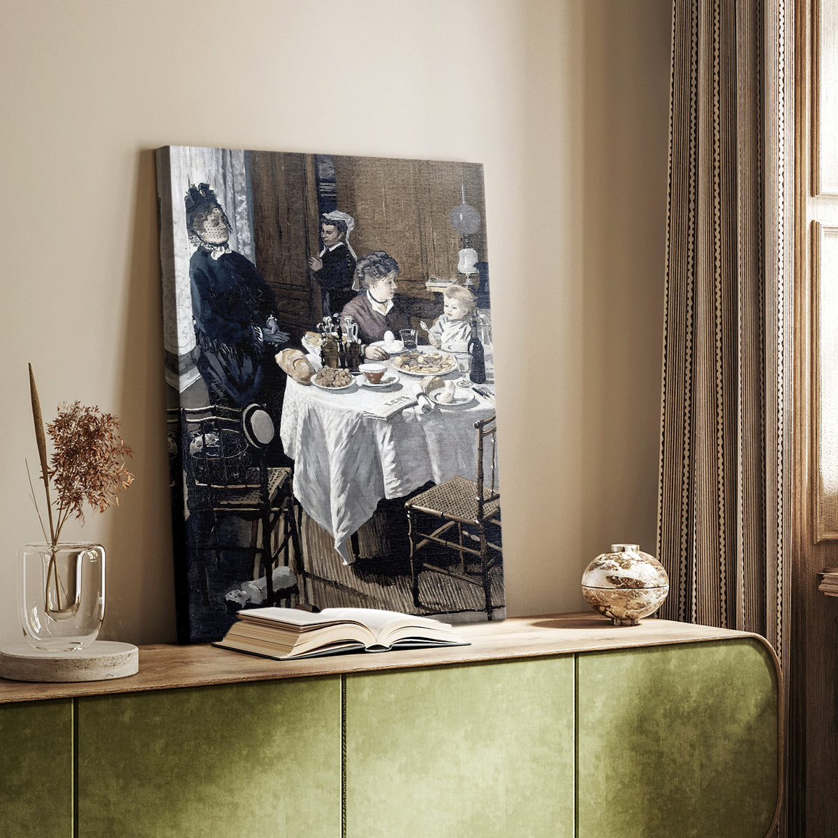 Canvas art print of a domestic scene with people seated in soft natural light styled in a home decor setting.
