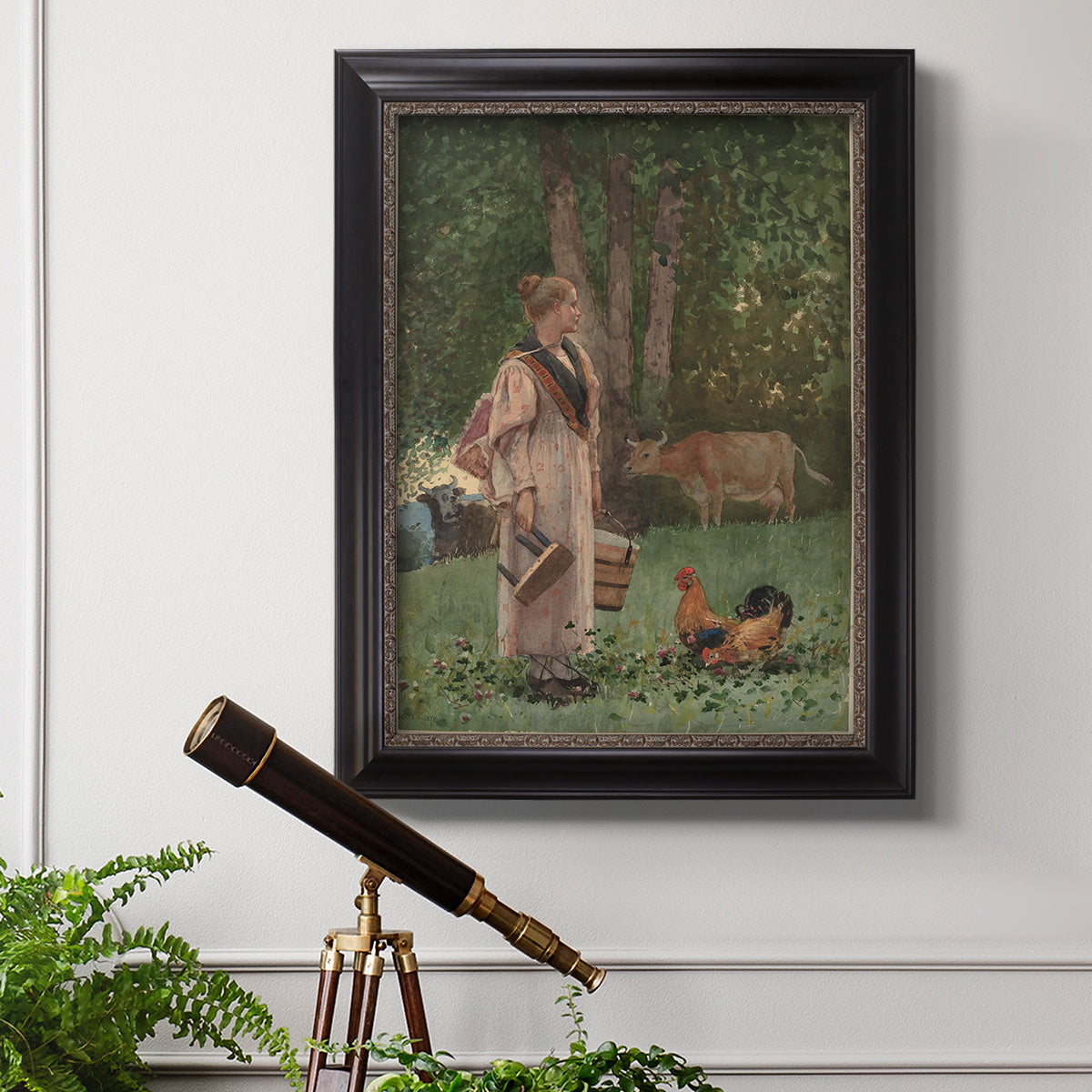 Realist genre scene of a milkmaid by Winslow Homer in an ornate black frame with gilded inner detail displayed in a light-toned interior setting.