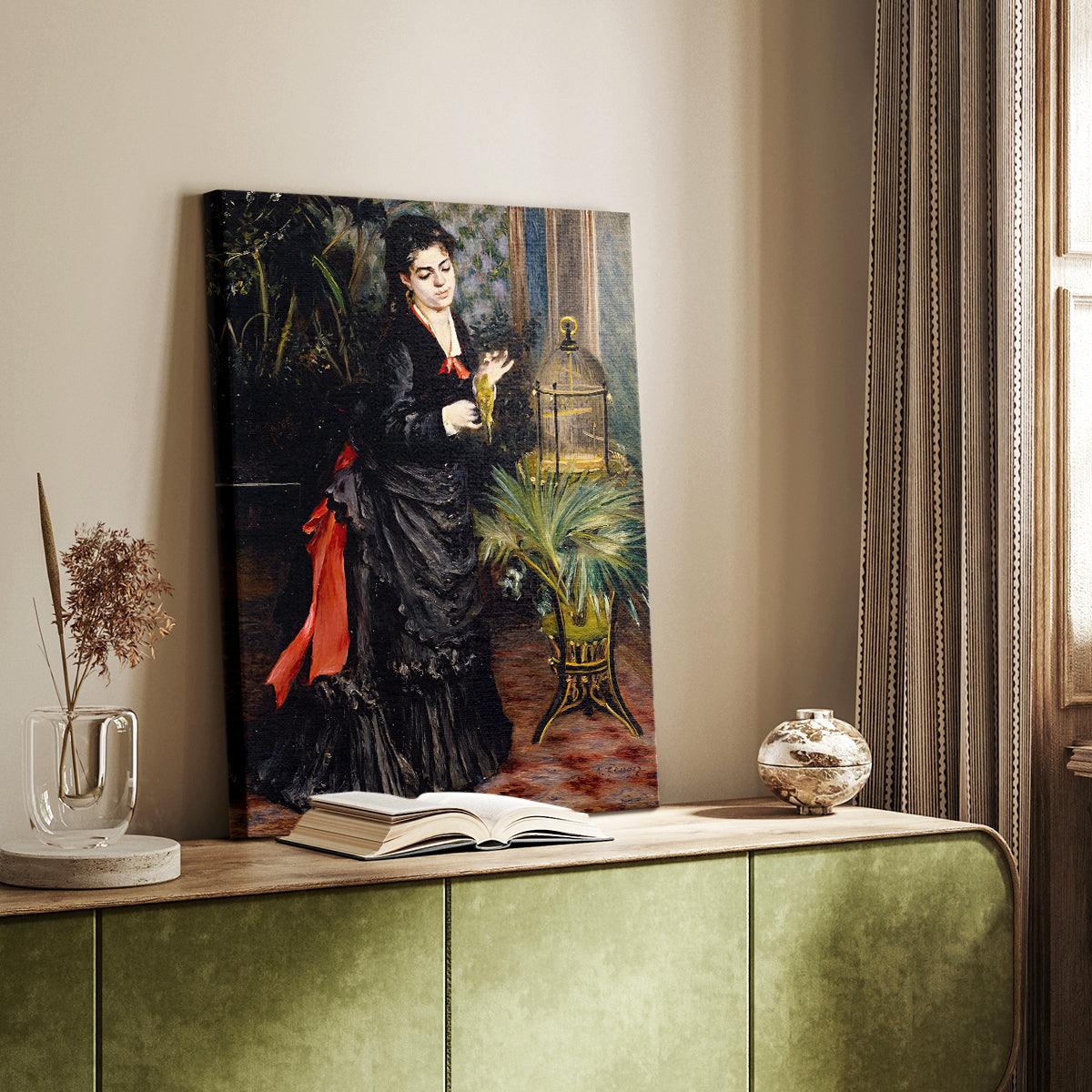 Canvas art print of a figure beside a bird with rich greenery and soft tones styled in a home decor setting.