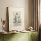 Canvas art print of a classical illustration with etched texture and strong outline styled in a home decor setting.