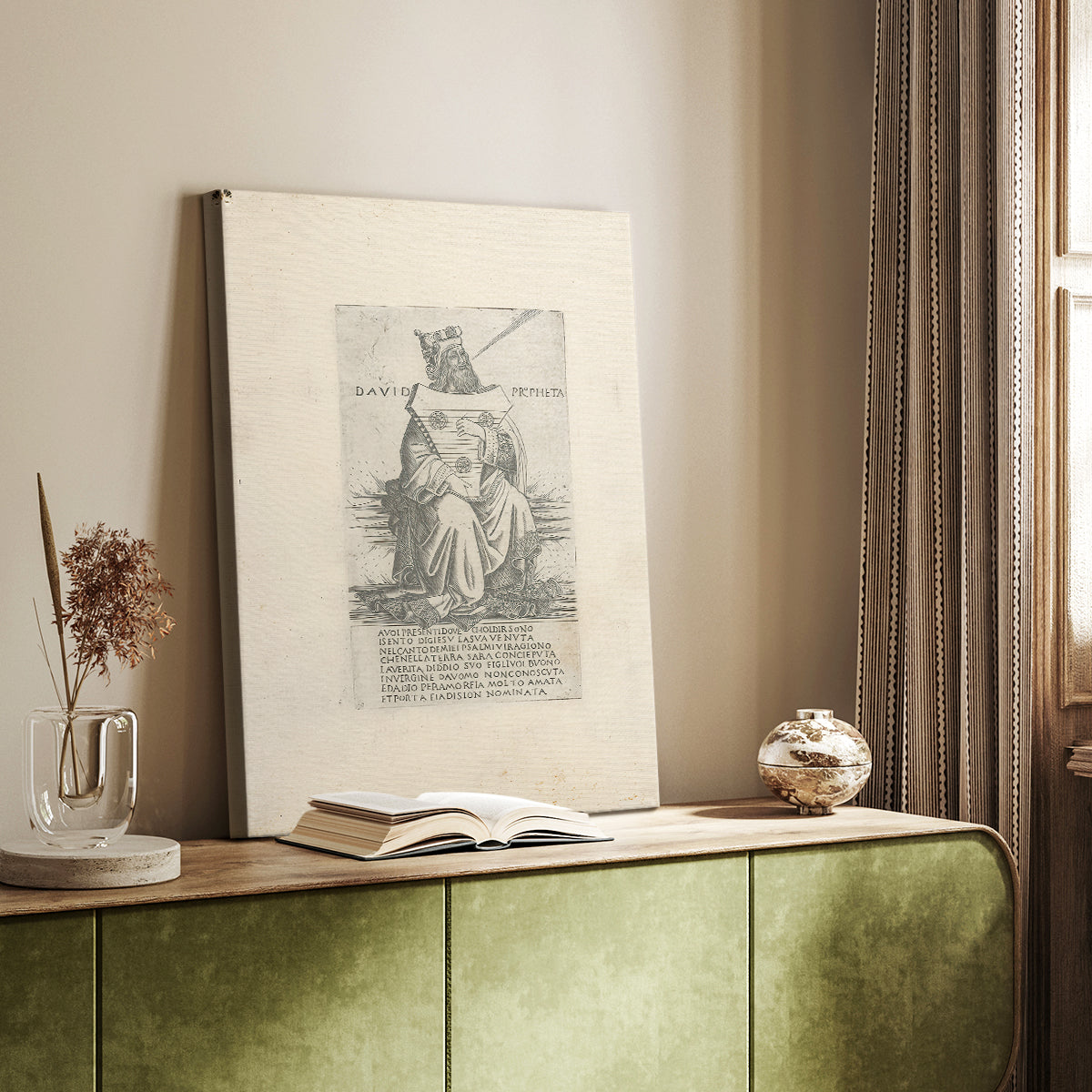 Canvas art print of a classical illustration with etched texture and strong outline styled in a home decor setting.