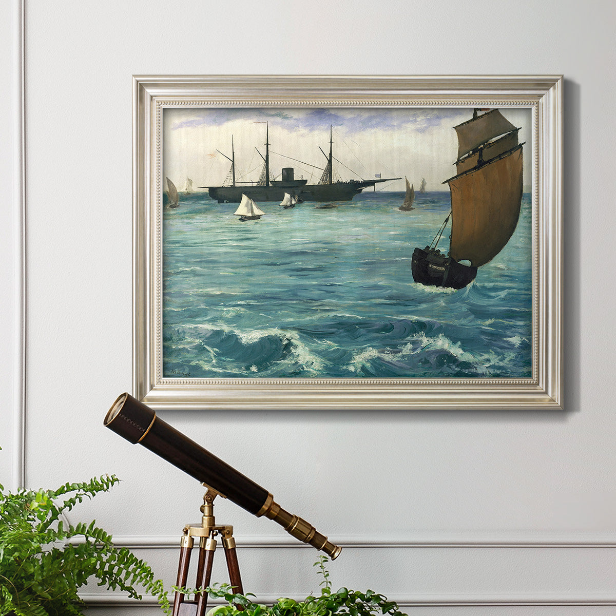 Impressionist naval seascape with the Kearsarge by Édouard Manet in an ornate champagne frame displayed in a light-toned interior setting.