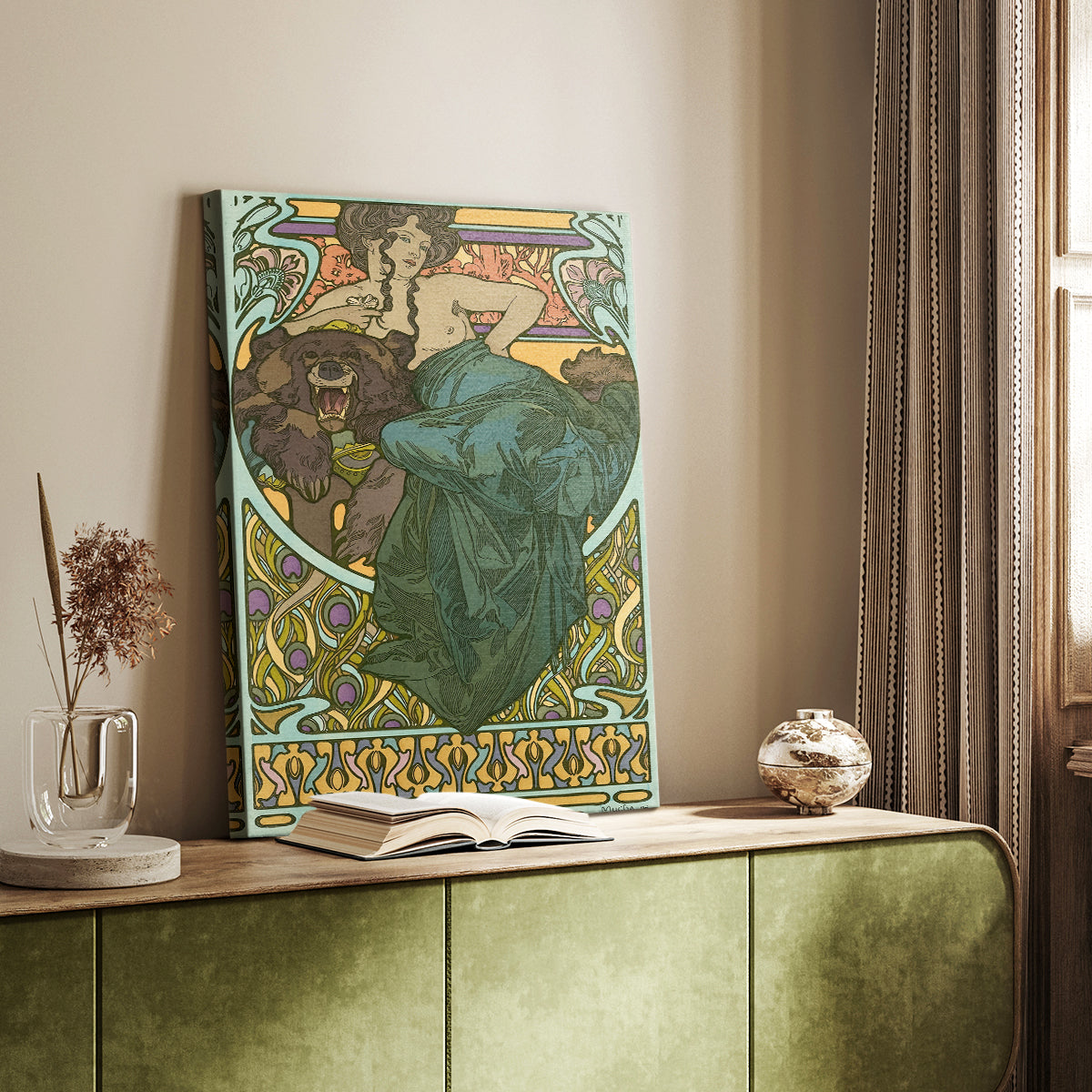 Canvas art print of a stylized portrait of a reclining woman with flowing hair and ornate details styled in a home decor setting.