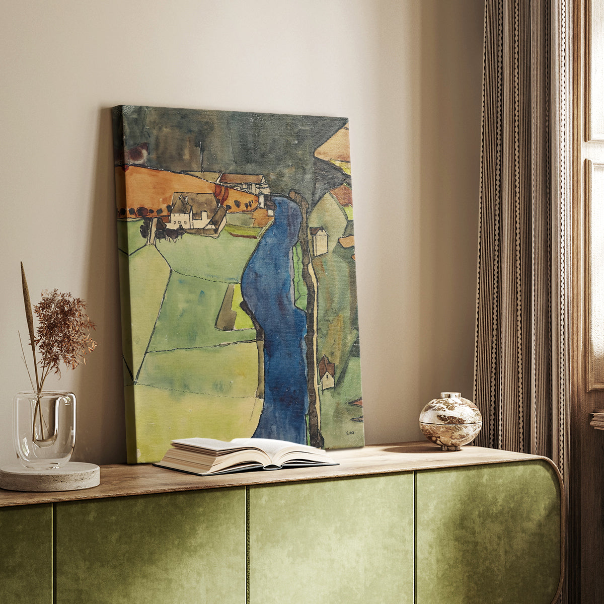 Canvas art print of a stylized town with geometric structures and bold color blocks styled in a home decor setting.