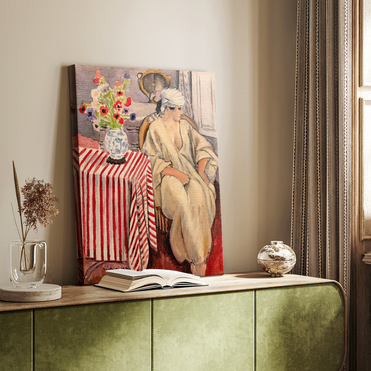 Canvas art print of a figure in a richly decorated room with bold color blocks styled in a home decor setting.
