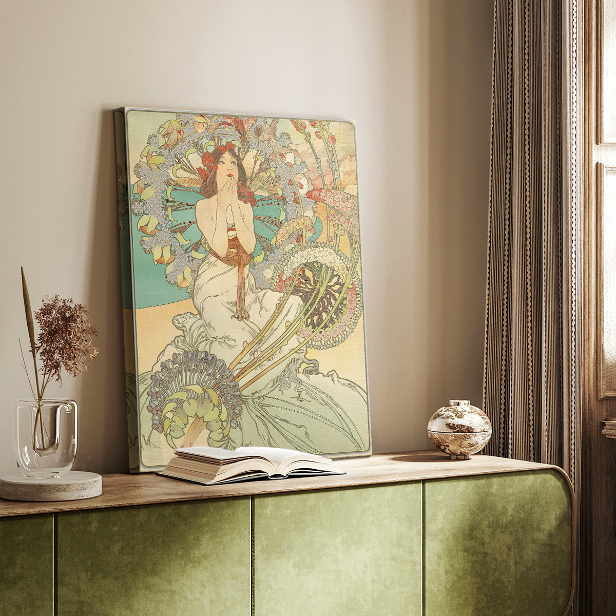 Canvas art print of a vintage advertisement featuring a stylized figure promoting Monaco styled in a home decor setting.