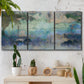Three-panel canvas wall art featuring cool dreamy abstraction, displayed in a boho-chic entryway above a console table.