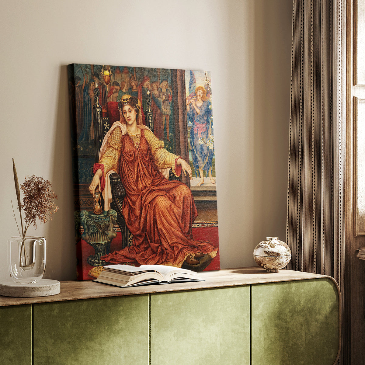 Canvas art print of a contemplative figure with a time symbol and soft lighting styled in a home decor setting.