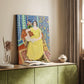 Canvas art print of a stylized figure with bright tones and simplified features styled in a home decor setting.