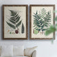 Set of two walnut barnwood framed canvas prints depicting varied green fronds, roots, spores, and archival labels arranged across two complementary compositions above a sofa in a bright living space.