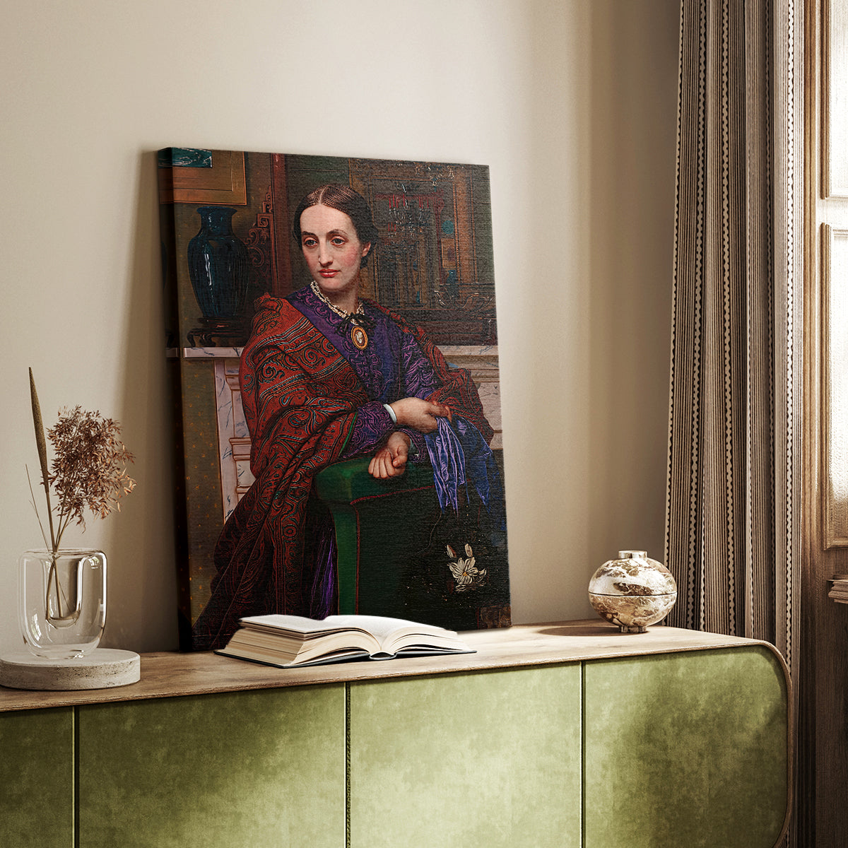 Canvas art print of a refined figure with gentle tones and calm expression styled in a home decor setting.