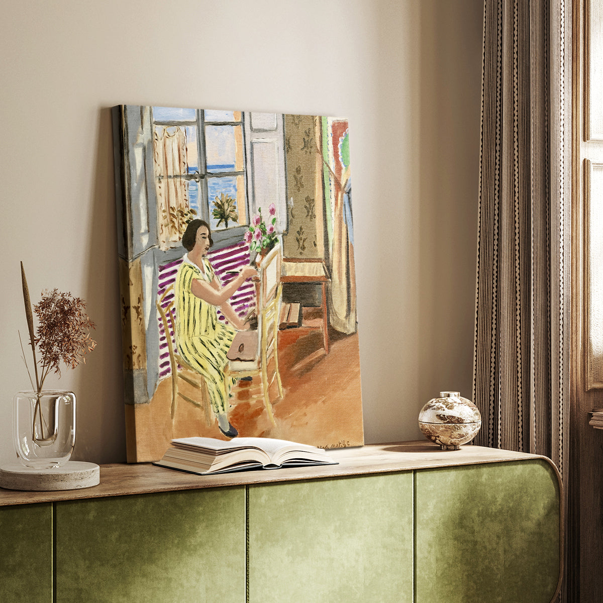 Canvas art print of a stylized domestic setting with bold textiles and color blocks styled in a home decor setting.